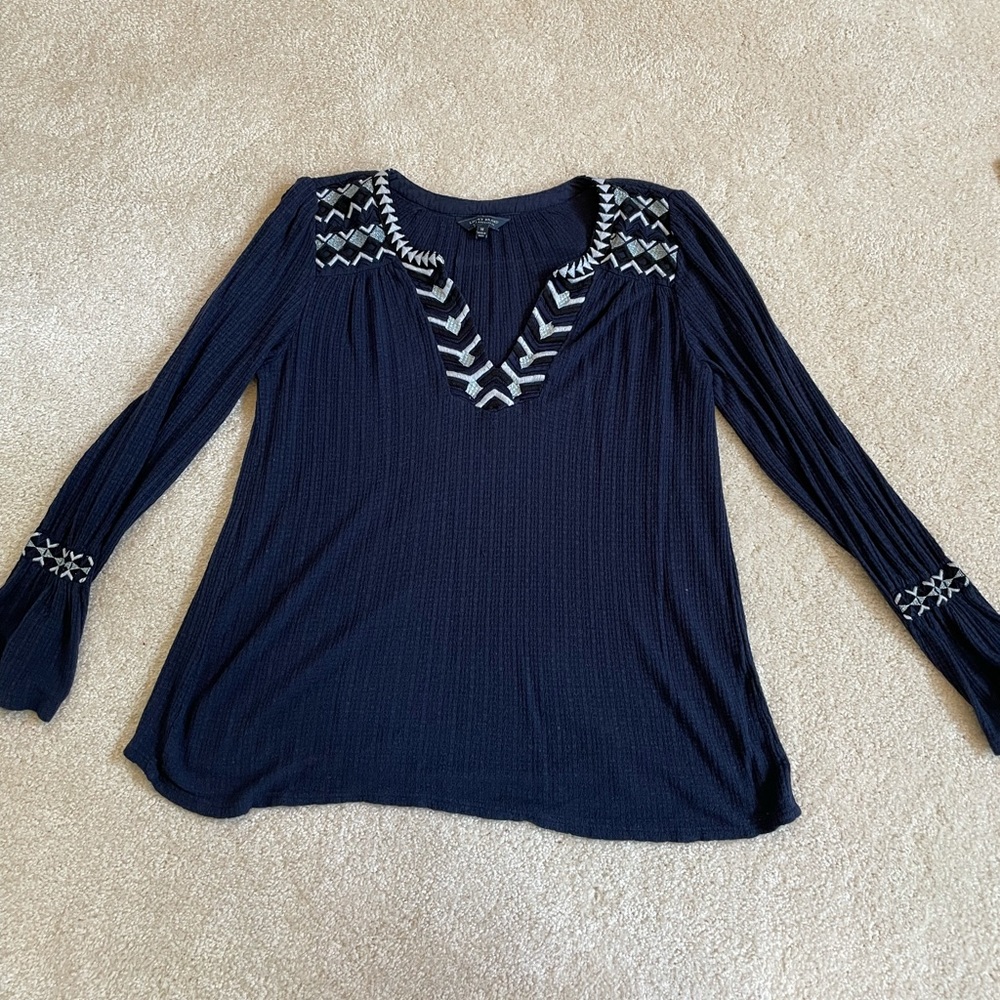 Lucky brand navy guaze style embroidered top